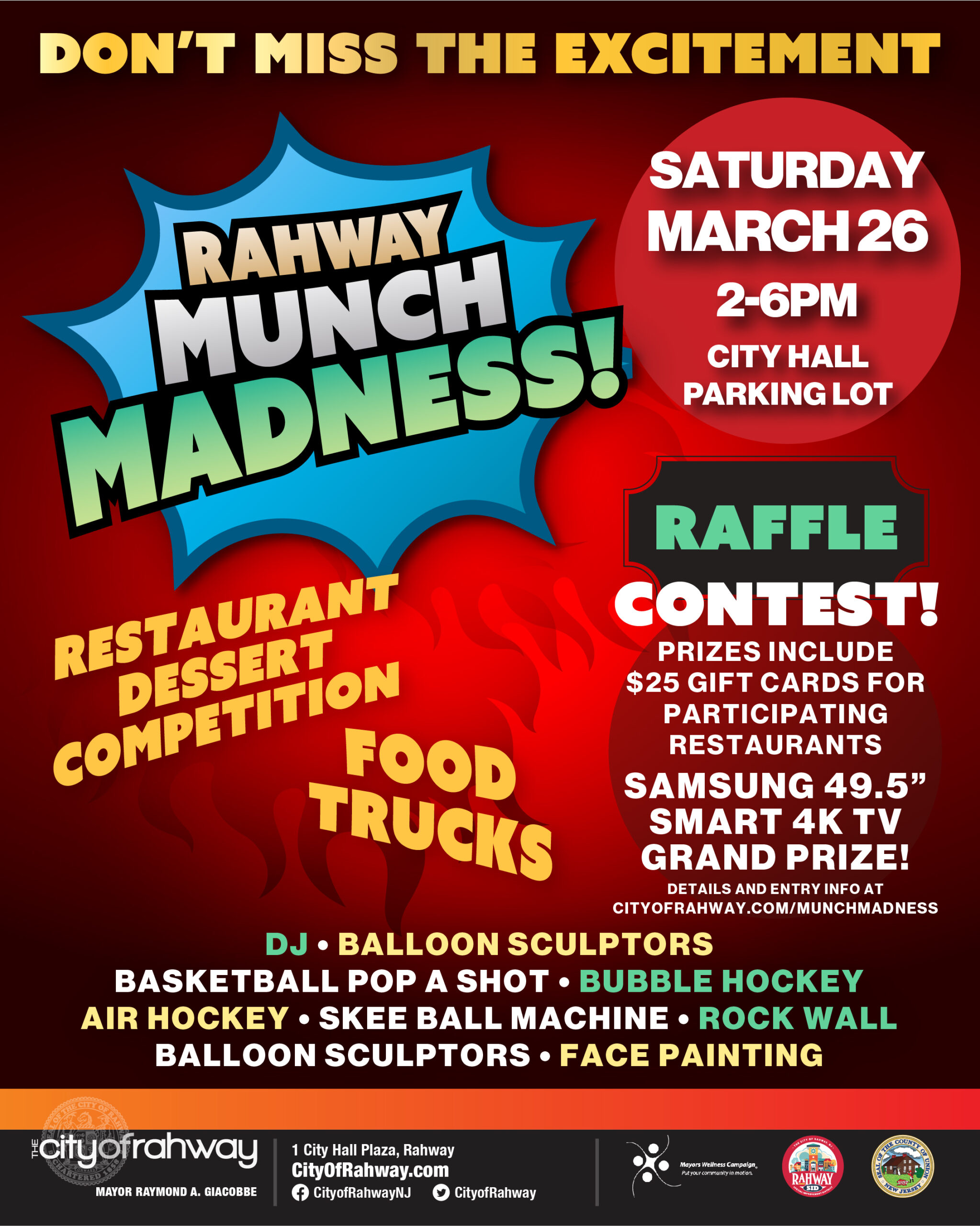 Flyer for Rahway's 2022 Munch Madness showing family events and raffle contest.